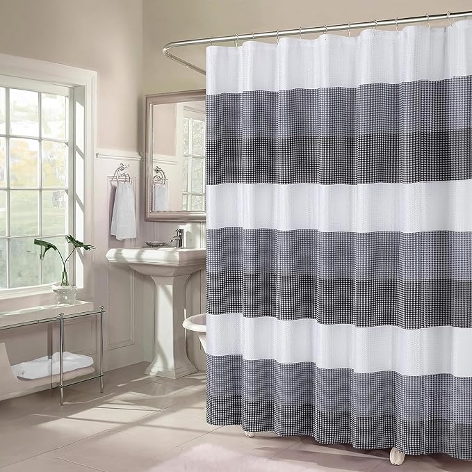 Dainty Home Ombre Waffle Weave Shower Curtain 70 x 72 Black Textured Fabric Shower Curtain, Hotel Style Waffle Weave Bathroom Curtain, Water Resistant Polyester Ombre Shower Curtain