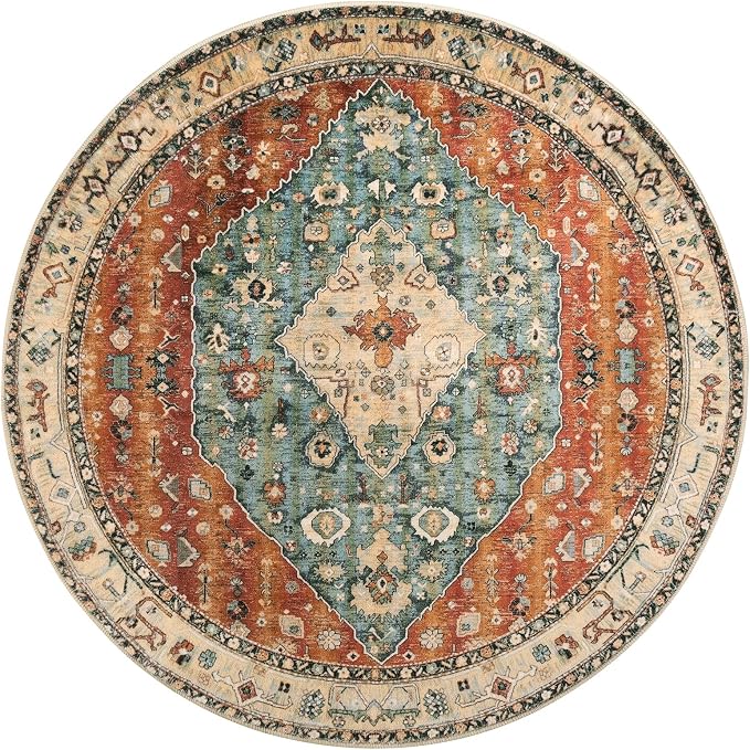 Lahome Felice Boho Tribal Round Rugs 6ft Washable Living Room Area Rug, Soft Bedroom Circle Rug, Oriental Large Indoor Floor Dining Room Carpet for Entryway Nursery (Rust/Dull Teal,6ft-Round)