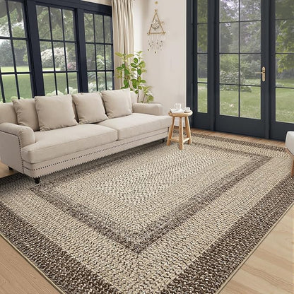 Imitation Braided Collection-Print Modern Area Rug 5x7 Washable Rug with Non Slip Rubber Backing Non Shedding Farmhouse Floor Cover, Ultra-Thin Foldable Carpet for Bedroom, Living Room