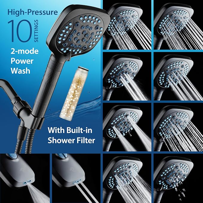 AquaCare 4X 10-Mode High Pressure Hand Shower w/Filter & 2-mode Power Wash | Filters Chlorine & Toxins, Softens Hard Water for Healthy Skin & Hair. Handheld Power Head Cleans Tub, Tile & Pets / Bronze