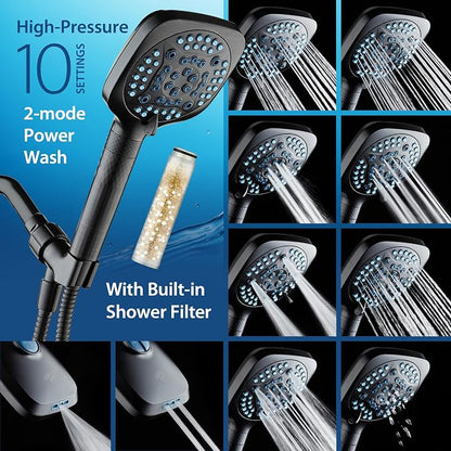 AquaCare 4X 10-Mode High Pressure Hand Shower w/Filter & 2-mode Power Wash | Filters Chlorine & Toxins, Softens Hard Water for Healthy Skin & Hair. Handheld Power Head Cleans Tub, Tile & Pets / Bronze