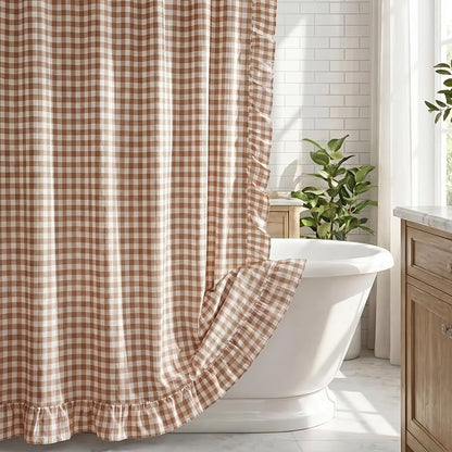HunnmingRe Ruffled Gingham Shower Curtain Taupe | 72'' x 72'' Vintage Farmhouse Curtain, Cotton Cottage Core Rural Checkered Plaid Decor, Fall Shower Curtain for Bathroom