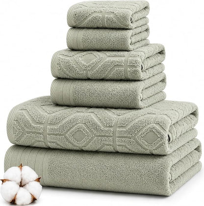 Modern Threads 6 Piece Cotton Bath Towel Set – Ultra Soft 550 GSM Towels – Bathroom Set with Hand Towels and Washcloths – Geometric (Soft Olive)