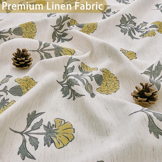 ORTIGIA Linen Textured Ruffle Shower Curtain with Metal Hooks, Vintage Yellow Floral Block Print Boho Waterproof Bath Curtain for Rustic Farmhouse Bathroom Decor 72x72 Inch