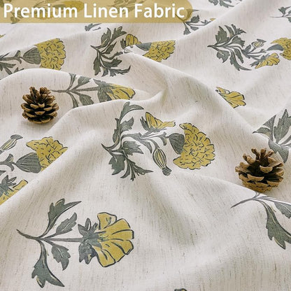 ORTIGIA Linen Textured Ruffle Shower Curtain with Metal Hooks, Vintage Yellow Floral Block Print Boho Waterproof Bath Curtain for Rustic Farmhouse Bathroom Decor 72x72 Inch