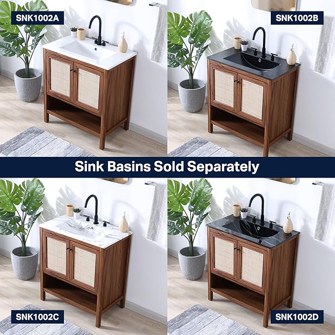JONATHAN Y VAN1024B Jasper 30 in. W x 18 in. D x 33 in. H Rattan Modern Coastal 2-Shelf Bathroom Vanity Cabinet Only with Soft Closing Doors (Sink Basin Not Included), Walnut
