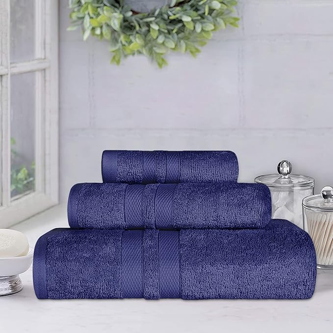 SUPERIOR Ultra-Soft 3-Piece Cotton Towel Set, Daily Use for Bathroom, Guest Room, Quick Dry, Set Includes 1 Bath Towel, 1 Hand Towel, and 1 Washcloth, Essential Plush Towels for Home - Navy Blue