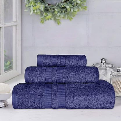 SUPERIOR Ultra-Soft 3-Piece Cotton Towel Set, Daily Use for Bathroom, Guest Room, Quick Dry, Set Includes 1 Bath Towel, 1 Hand Towel, and 1 Washcloth, Essential Plush Towels for Home - Navy Blue