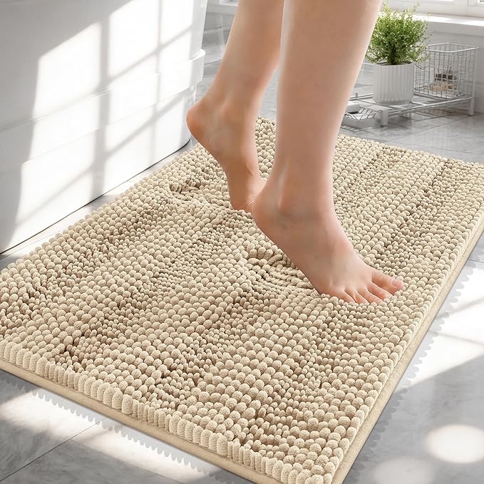 OLANLY Thick Small Bathroom Rugs 24x16, Soft Chenille Bath Rugs, Beige | Rubber Backing, Machine Wash, Extra Absorbent Striped Bath Mats for Bathroom Floor, Tub and Shower, Home Decor Accessories