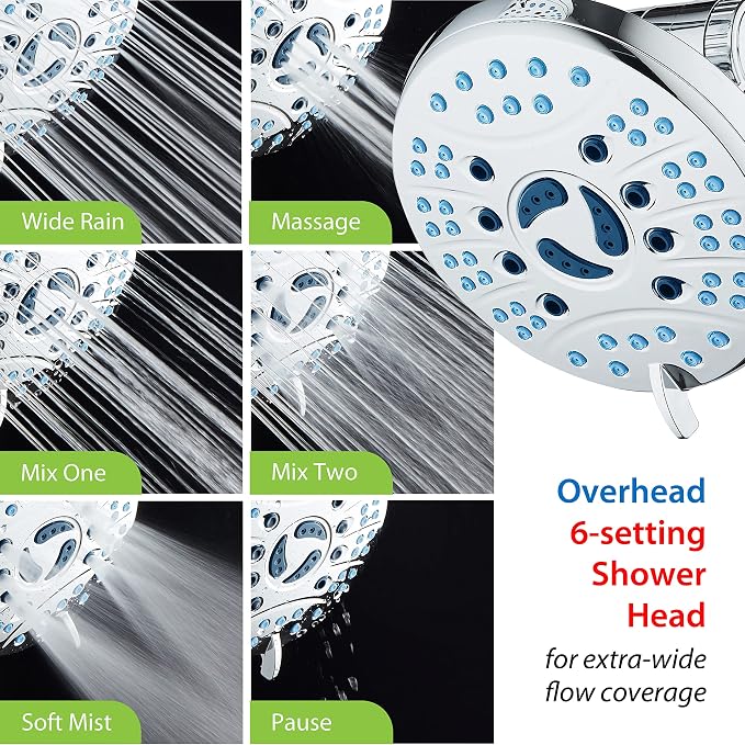 AquaCare 48-mode High Pressure 3-way Shower Head Combo w/ 2-mode Power Wash | Pure Clean Jets, Dual Handheld Power Wash for Tub, Tile & Pets, Long 6 ft. Stainless Steel Hose, Extra Wall Bracket / Chrome