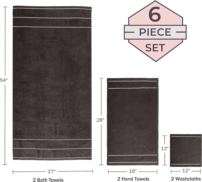 Lavish Home Bathroom Towels Set, Bathroom Accessories, Charcoal, Set of 6 | Includes 2 Bath Sheets, 2 Hand Towels, and 2 Wash Cloths, Soft 525 GSM 100% Cotton Set for Shower, Gym, Dorm, and Spa