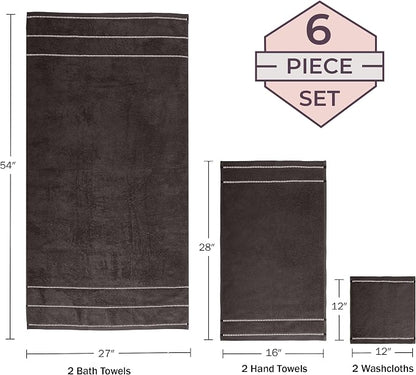 Lavish Home Bathroom Towels Set, Bathroom Accessories, Charcoal, Set of 6 | Includes 2 Bath Sheets, 2 Hand Towels, and 2 Wash Cloths, Soft 525 GSM 100% Cotton Set for Shower, Gym, Dorm, and Spa