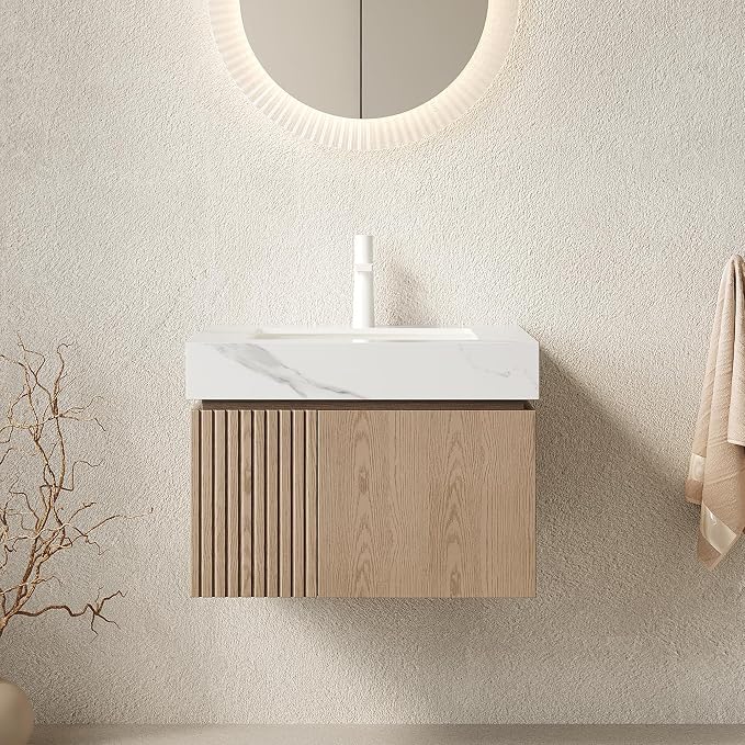 KEIKI 24 Inch Floating Bathroom Vanity with Sink, Light Brown & White | Modern Wall Mounted Storage Cabinet with 2 Doors, Pre-assembled Wood Panels, Sintered Stone Top & Ceramic Basin Combo Set