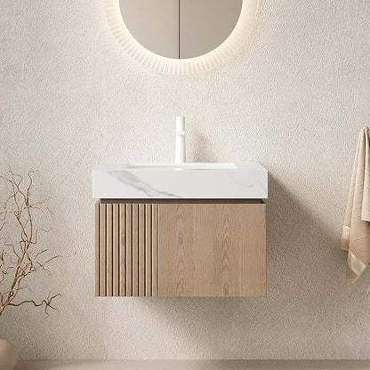 KEIKI 24 Inch Floating Bathroom Vanity with Sink, Light Brown & White | Modern Wall Mounted Storage Cabinet with 2 Doors, Pre-assembled Wood Panels, Sintered Stone Top & Ceramic Basin Combo Set