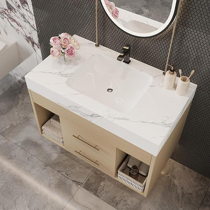 30" Bathroom Vanity with Sink Set, Modern Oak Wall Mounted Bathroom Vanity Cabinet with Sintered Stone Top&Gold Handle 2 Drawers&2 Open Storage, Single Sink Floating Bathroom Vanity