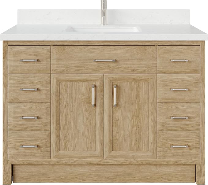 Capri III 48" Single Sink Bathroom Vanity With Stealth Organizer, Solid Wood Bathroom Cabinet with Engineered Stone Countertop & Backspalsh, Soft Closing Door & Drawer, Pre-Assembled, Weathered Oak