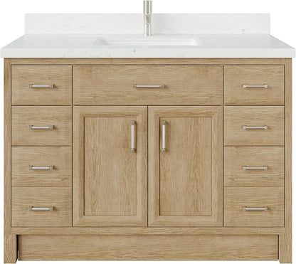 Capri III 48" Single Sink Bathroom Vanity With Stealth Organizer, Solid Wood Bathroom Cabinet with Engineered Stone Countertop & Backspalsh, Soft Closing Door & Drawer, Pre-Assembled, Weathered Oak