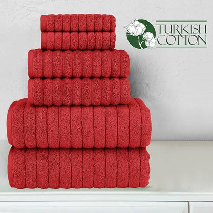Elegant Comfort 100% Turkish Cotton Corduroy Ribbed Luxury Bath Towels 6-Piece Set, Premium Feel - Quick Dry, Highly Absorbent, Contains 2 Bath Towels, 2 Hand Towels, and 2 Washcloths, Red