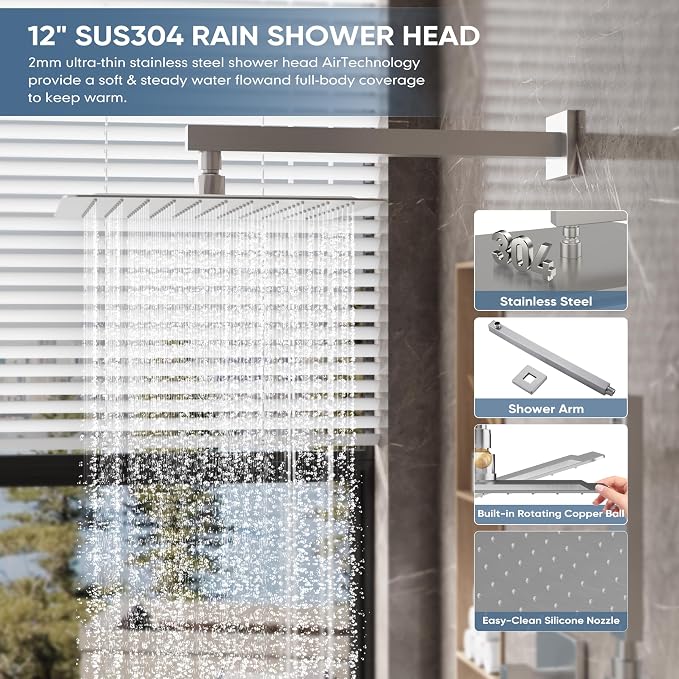 Brushed Nickel Shower Faucet Set with 12-Inch Rain Shower Head | Shower System with Rain Shower Head and Handheld, Wall Mounted High-Pressure Shower Head Combo Set with Shower Valve and Trim