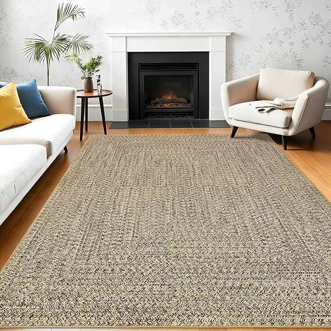 Printed Washable Area Rug 9 x 12 Rug for Living Room Modern Rugs for Bedroom Imitation Braided Large Area Rug Non Slip Throw Rugs Stain Resistant Carpet for Nursery Dining Room 9'x12' Natural
