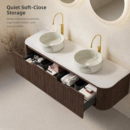 60 Inch Double Sink Bathroom Vanity, Floating Wall Mounted Cabinet, Dark Walnut Curved Fluted Front, Stone Top, Dual Marble-Look Round Vessel Basins, Pre-Assembled