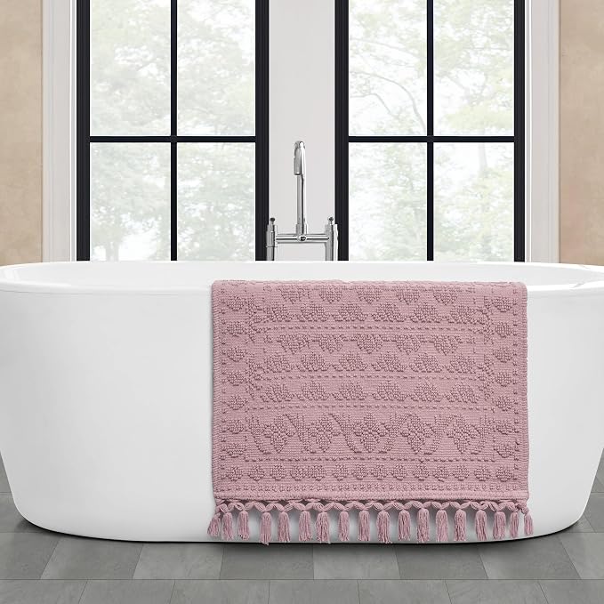 French Connection Nellore Bathroom Rugs, Woven and Beaded Mats, Durable Bath Rugs, Thick Bath Mats for Bathroom and Shower Rugs, 24" x 64", Dusty Pink