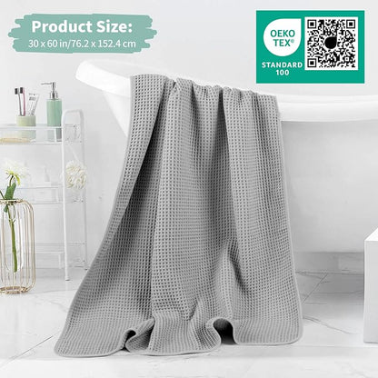 MICROFI New Microfiber Waffle Bath Towels, 2 Pieces, Oversized, Soft, Absorbent, Fast Drying, Lint Free 430 GSM (Silver)