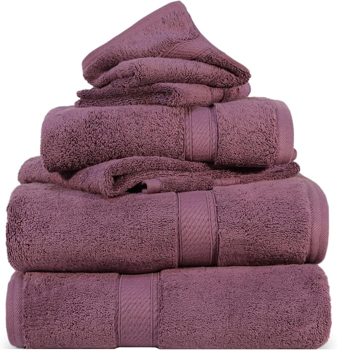 SUPERIOR Egyptian Cotton Ultra Plush & Absorbent, 6 Piece Set, Plum | Quick Dry, Soft Luxury Towel Set, Bath Essentials, Guest Bath, Spa, 2 Bath, 2 Hand, 2 Face Towels, Madeline Towels