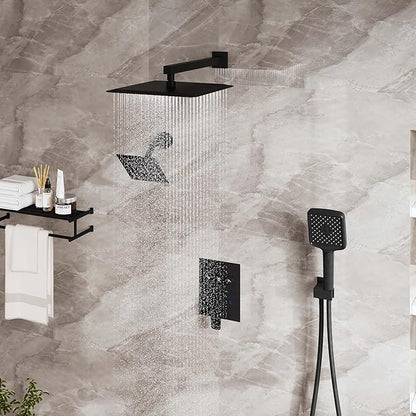 MONDAWE 12 Inch Wall Mounted Matte Black Shower System, 3-Function Shower Faucet Set with Rainfall Dual Shower Head and High Pressure 4-Setting Handheld, All Functions Can be Used At the Same Time
