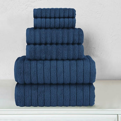 Elegant Comfort 100% Turkish Cotton Corduroy Ribbed Luxury Bath Towels 6-Piece Set, Premium Feel - Quick Dry, Highly Absorbent, Contains 2 Bath Towels, 2 Hand Towels, and 2 Washcloths, Navy