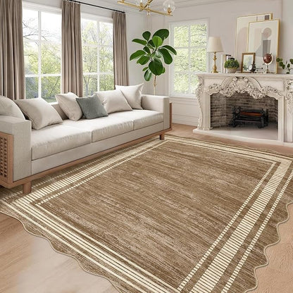 Garvee Brown Scalloped Rug 5x7 Washable Area Rug for Bedroom | Scalloped Rug 5x7, Girls Room Rug, Stain Resistant Solid Rugs for Bedroom Kids Room, Scalloped Low Pile Non-Slip Neutral Rugs