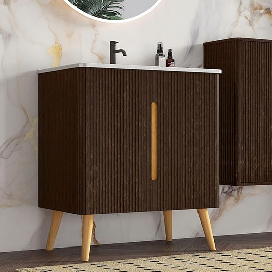 30" Modern Bathroom Vanity with Sink, Mid Century Bathroom Cabinet with 2 Soft Close Doors, Large Storage with Shelf for Small Space, Apartment & Hotel Style, Brushed Black Oak