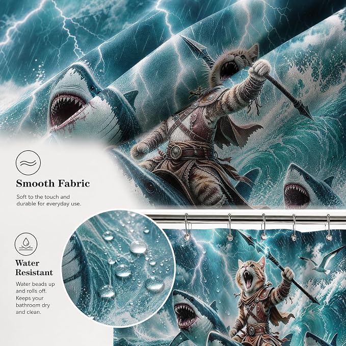 Funny Cat Shower Curtain, Fun Cartoon Shark Riding Bath Curtain | 72x72 Inches, Waterproof Polyester Fabric, Ocean Themed Bathroom Decor for Teens, Includes 12 Hooks, Grey Blue Design