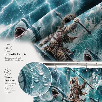 Funny Cat Shower Curtain, Fun Cartoon Shark Riding Bath Curtain | 72x72 Inches, Waterproof Polyester Fabric, Ocean Themed Bathroom Decor for Teens, Includes 12 Hooks, Grey Blue Design