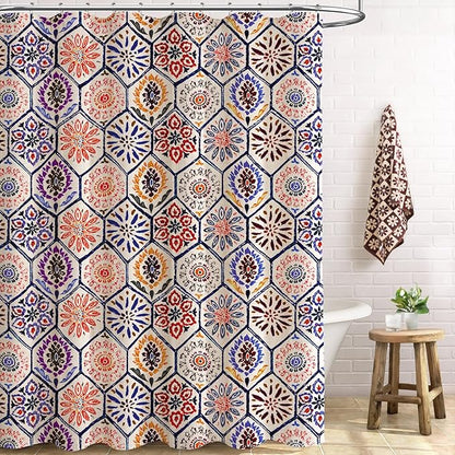 Boho Colorful Shower Curtain, Retro Bohemian Geometric Shower Curtain for Bathroom, Terracotta & Blue, 72 x 72