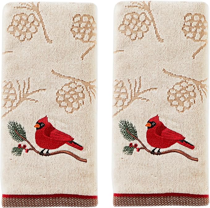SKL Home Christmas/Winter Cardinal & Branch Hand Towel Set-2pc, Wheat | 100% Cotton. Soft & absorbent pinecone jacquard with embroidery. Great for the bathroom, kitchen or bar & holiday gifting.