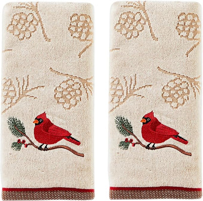 SKL Home Christmas/Winter Cardinal & Branch Hand Towel Set-2pc, Wheat | 100% Cotton. Soft & absorbent pinecone jacquard with embroidery. Great for the bathroom, kitchen or bar & holiday gifting.