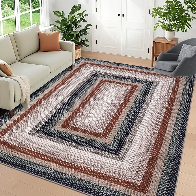 Imitation Braided Collection-Print Washable Rugs 8 x 10 Rug for Living Room Non Slip Bedroom Rug Farmhouse Large Area Rug Soft Throw Rugs Low Pile Stain Resistant Carpet for Nursery 8'x10'