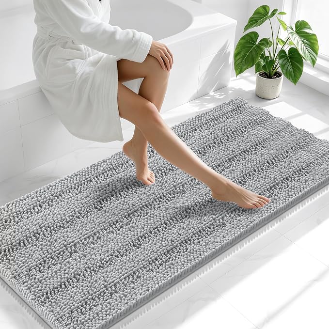 Smiry Thick Chenille Bathroom Runner Rugs 59x24, Soft Bath Mat, Light Grey | Quick‑Dry & Machine Washable, Non‑Slip Bath Carpet, Striped Bath Rugs for Tub & Shower, Modern Home Decor Accessories