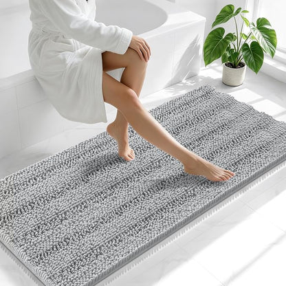 Smiry Thick Chenille Bathroom Runner Rugs 59x24, Soft Bath Mat, Light Grey | Quick‑Dry & Machine Washable, Non‑Slip Bath Carpet, Striped Bath Rugs for Tub & Shower, Modern Home Decor Accessories