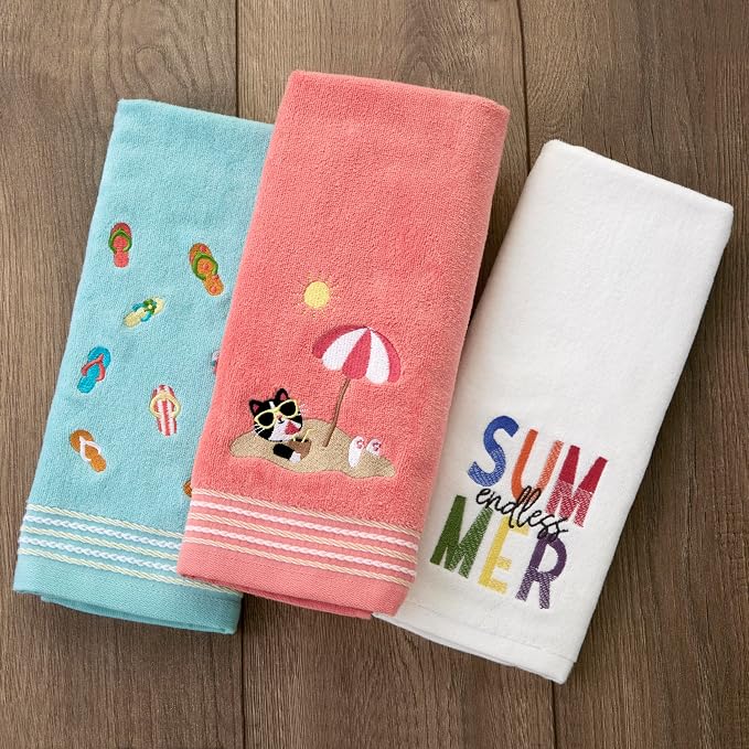 SKL Home Flips & Flops Hand Towel Set-2pc, 100% Cotton, Embroidered, Blue | Decorative velour for summer fun & everyday décor. Can be used in the bathroom, kitchen, bar, or any sink space.