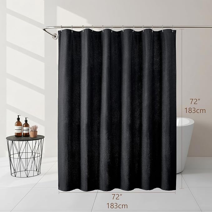 Black Shower Curtain 72 Inch Length 1 Piece, Waffle Embossed Textured Soft Fabric Hotel Shower Curtain for Bathroom, Modern Polyester Water Repellent Machine Washable Bath Decor, 72Wx72L Inches