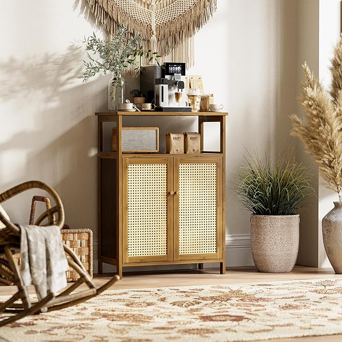 HITNET Rattan Bathroom Floor Cabinet, Freestanding Bamboo Storage Cupboard with 2 Doors, Living Room Sideboard, Space Saving, Walnut