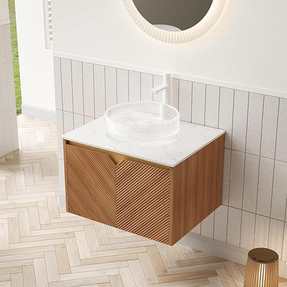 24 Inch Bathroom Vanity with Sink, Floating Fluted Vanity with Vessel Sink, Small Wall Mounted Bathroom Vanity Cabinet with 2 Doors, Glass Vessel Sink & Sintered Stone Top, Oak