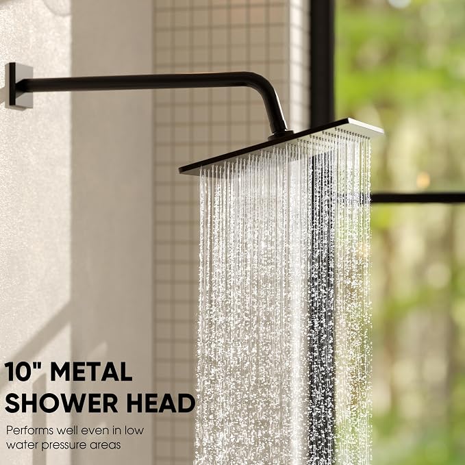 Esnbia Thermostatic Black Shower System, All Metal Shower Faucet Set with 10 Inches Rain Shower Head, Rainfall Shower Heads with Handheld Spray Combo，Anti-Scald Shower Combo Set, Matte Black