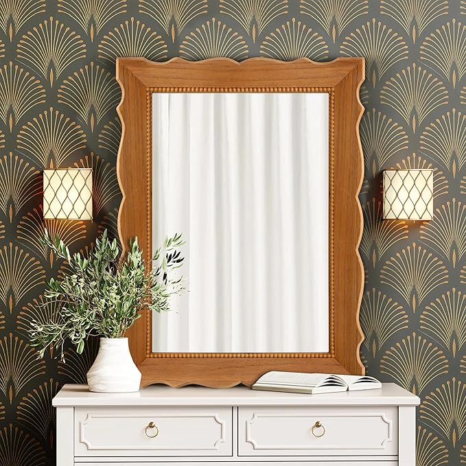 Besdomus Farmhouse Wooden Bathroom Mirror: 32" x 24" Light Brown Wood Mirror for Vanity/Entryway/Wall Decor - Ideal for Country Style Lovers