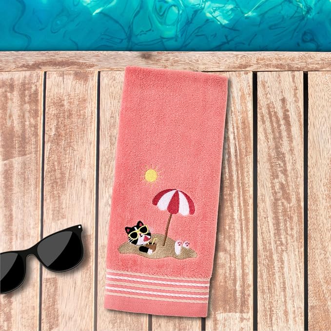 SKL Home Buried Cat Hand Towel 2pc Set for Bath/Kitchen/Bar & Gift, Coral Pink