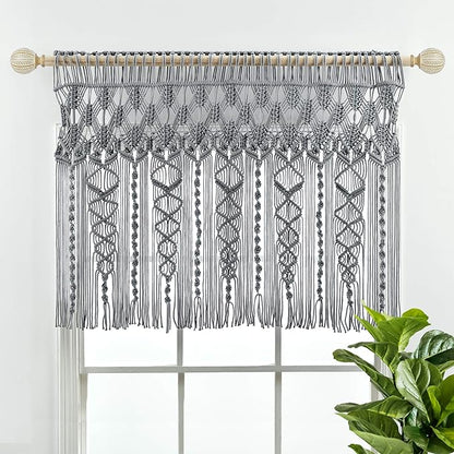 Lush Decor Boho Macrame Textured Cotton Valance, 40" W x 30" L, Gray - Boho Kitchen Curtains & Wall Decor - Macrame Valance - Bathroom Window Curtains