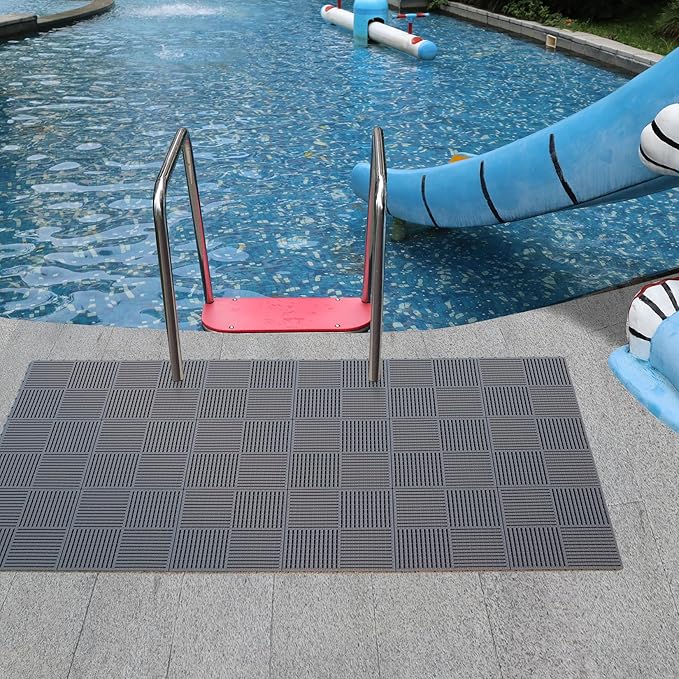 9 Pack Modular Interlocking Tiles Double Non-Slip 12"x12" Gray | 0.4" Thick with Drain Holes for Pool Deck Shower Garage Basement Boat Pet Area Wet Floors Easy Install