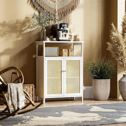 HITNET Bamboo Cabinet, Rattan Storage Cabinet with Doors, Freestanding Floor Cupboard for Bathroom, Living Room, Hallway, White